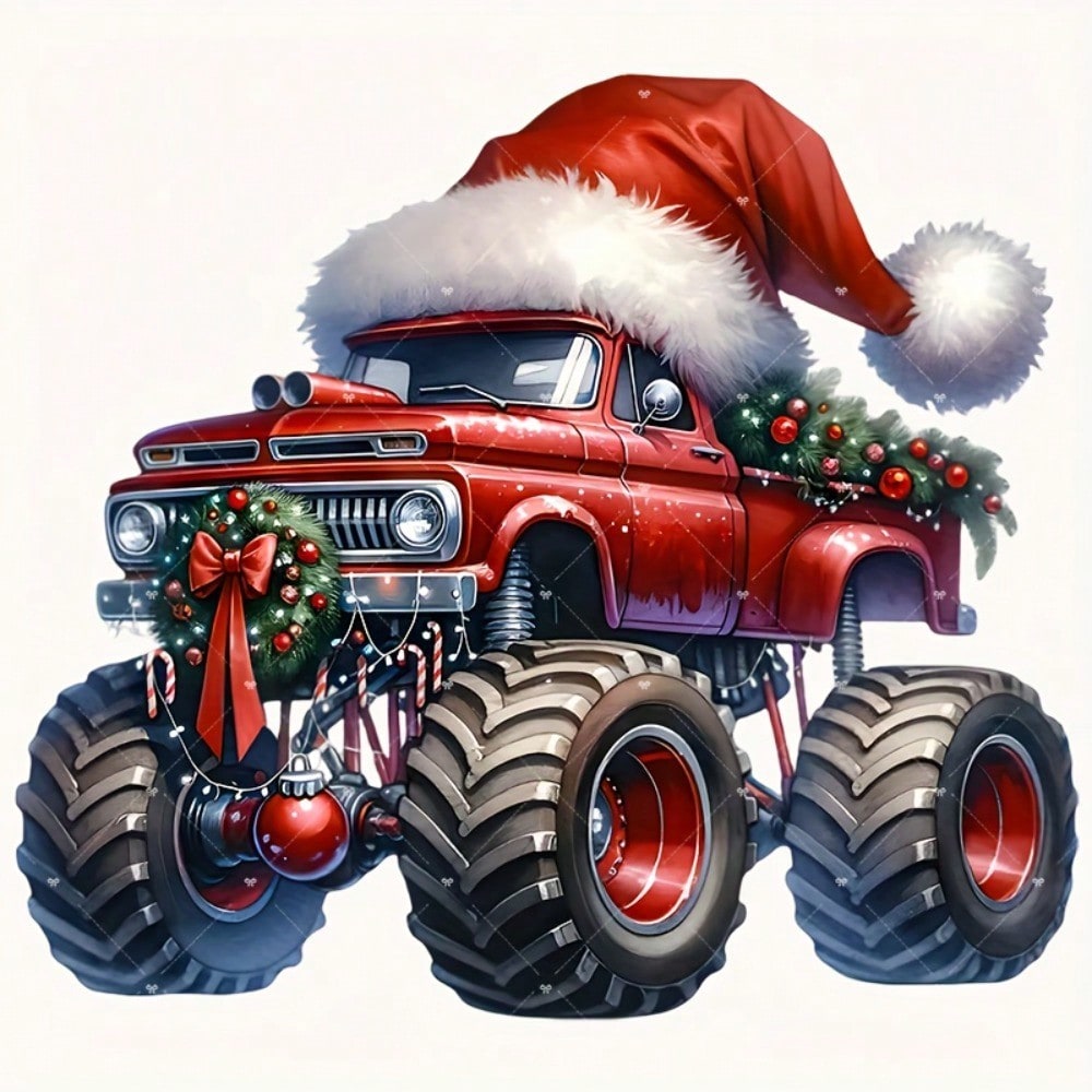 1/2/3PCS Red Christmas Hat Big Truck Heat Transfer Sticker, Washable And Iron-On, Suitable For DIY T-Shirts, Sweatshirts, Hoodies, Jeans, Backpacks, Pillows, Holiday Decorations