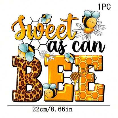 1/2/3PCS Water-Washable Heat Transfer Prints, Lettering Paired With Leopard Print & Honeycomb Texture, Surrounded By Cartoon Little Bees, Daisies & Honey Dippers, Featuring Punny English Slogans, Warm