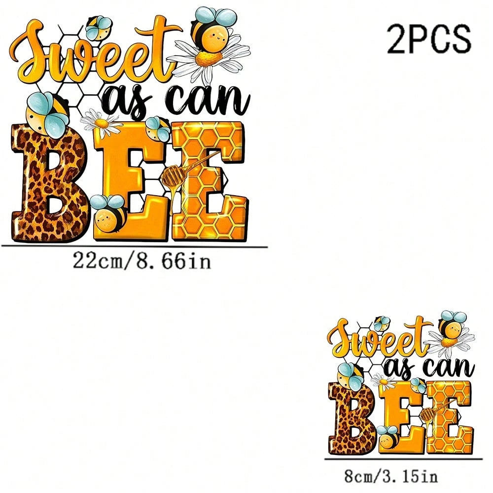 1/2/3PCS Water-Washable Heat Transfer Prints, Lettering Paired With Leopard Print & Honeycomb Texture, Surrounded By Cartoon Little Bees, Daisies & Honey Dippers, Featuring Punny English Slogans, Warm