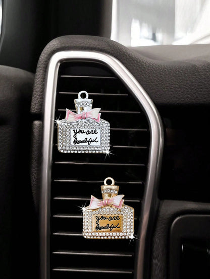 1/2/4Pcs Car Air Vent Clip Fragrance Bottle Empty Flat Decoration, Rhinestone Diffuser Air Vent Clip, Car Air Freshener, Shiny Car Accessories For Women (Fragrance Sheet Included)