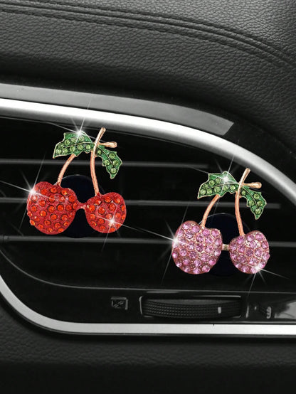 1/2/4pcs Rhinestone Cherry Apple Car Air Vent Fragrance Clip Decor, Full Rhinestone Alloy Fruit Car Aromatherapy, Women's Car Air Conditioner Fragrance Decoration