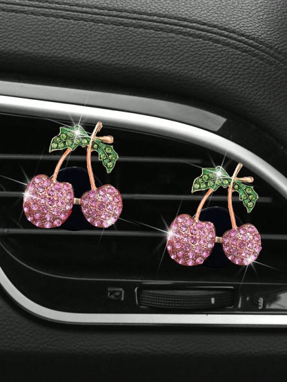 1/2/4pcs Rhinestone Cherry Apple Car Air Vent Fragrance Clip Decor, Full Rhinestone Alloy Fruit Car Aromatherapy, Women's Car Air Conditioner Fragrance Decoration