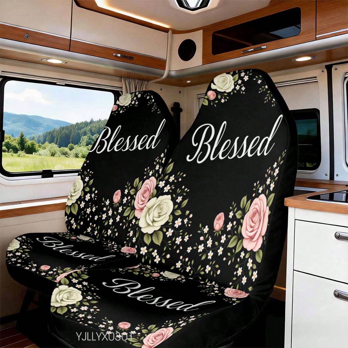 1/2 Pcs Universal Blessed Rose Floral Inspirational Car Seat Cover, Breathable & Comfortable, Easy To Install & Clean, All-Round Seat Protection, Elegant Cottagecore Flower Design, Automotive Seat Pro