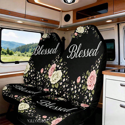 1/2 Pcs Universal Blessed Rose Floral Inspirational Car Seat Cover, Breathable & Comfortable, Easy To Install & Clean, All-Round Seat Protection, Elegant Cottagecore Flower Design, Automotive Seat Pro