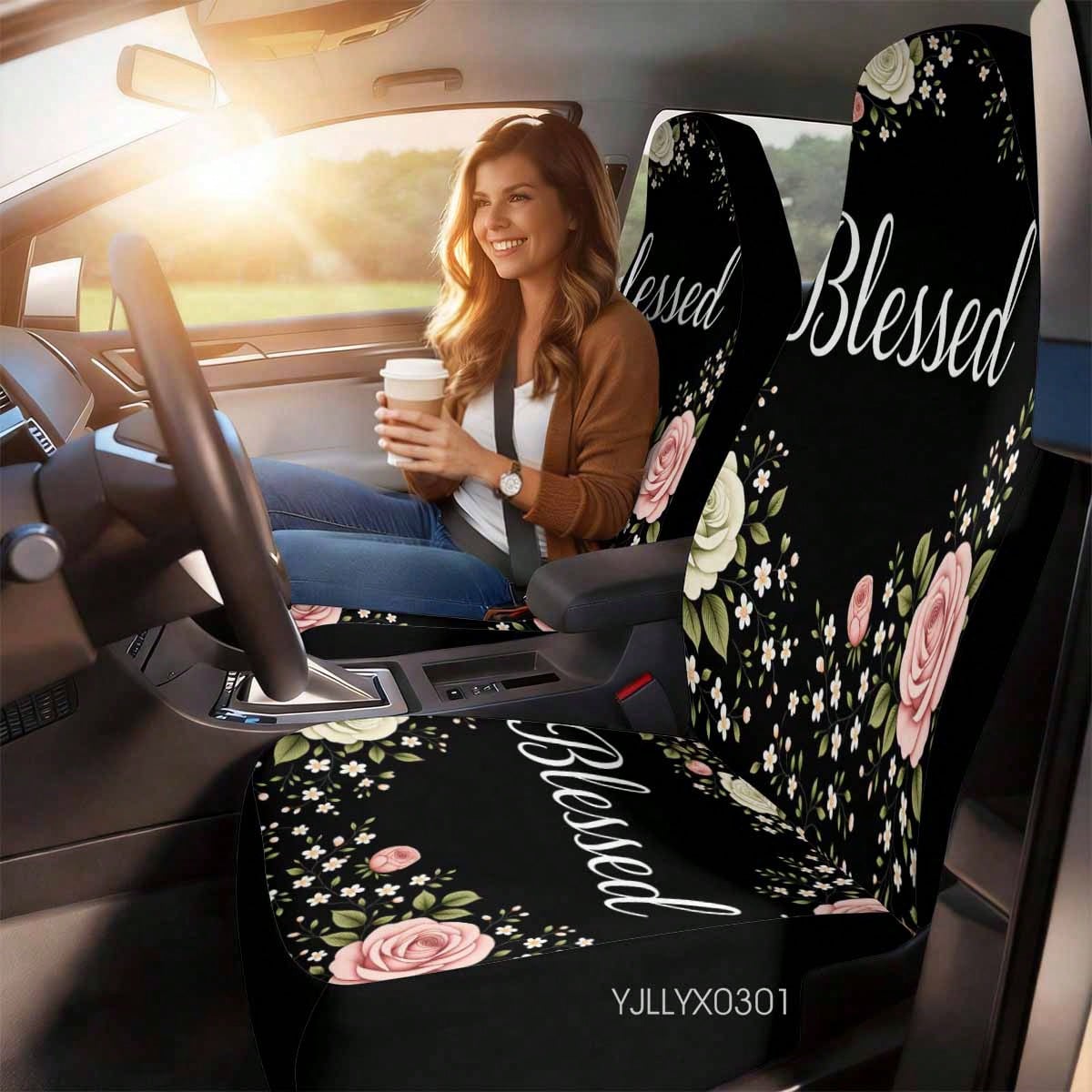 1/2 Pcs Universal Blessed Rose Floral Inspirational Car Seat Cover, Breathable & Comfortable, Easy To Install & Clean, All-Round Seat Protection, Elegant Cottagecore Flower Design, Automotive Seat Pro