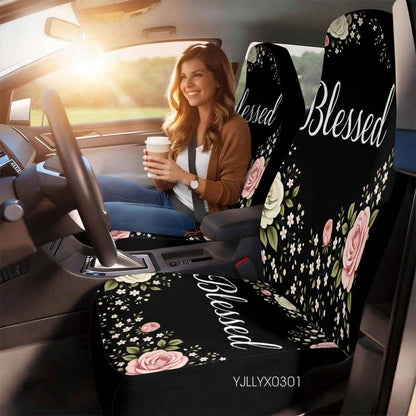 1/2 Pcs Universal Blessed Rose Floral Inspirational Car Seat Cover, Breathable & Comfortable, Easy To Install & Clean, All-Round Seat Protection, Elegant Cottagecore Flower Design, Automotive Seat Pro