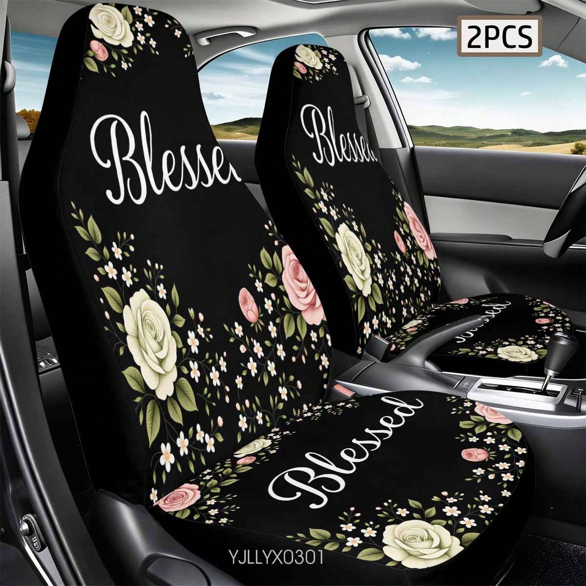 1/2 Pcs Universal Blessed Rose Floral Inspirational Car Seat Cover, Breathable & Comfortable, Easy To Install & Clean, All-Round Seat Protection, Elegant Cottagecore Flower Design, Automotive Seat Pro