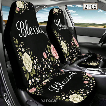 1/2 Pcs Universal Blessed Rose Floral Inspirational Car Seat Cover, Breathable & Comfortable, Easy To Install & Clean, All-Round Seat Protection, Elegant Cottagecore Flower Design, Automotive Seat Pro
