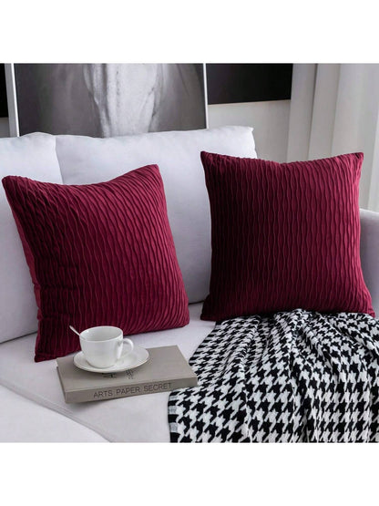 1/2pcs Burgundy Velvet Wavy Striped Pillow Cover, Square Cushion Case, Holiday Home Decor Pillow, Soft & Comfortable Fabric, Modern Decor For Sofa, Bedroom, Dorm
