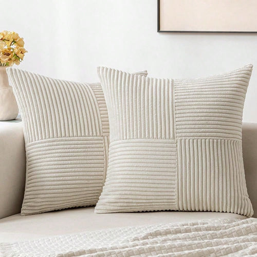1/2pcs Cushion Cover, Christmas Beige Geometric Corduroy Striped Pattern, Bohemian Sofa Pillow, Decorative Throw Pillow Case, Sofa Cushion, Office, Living Room