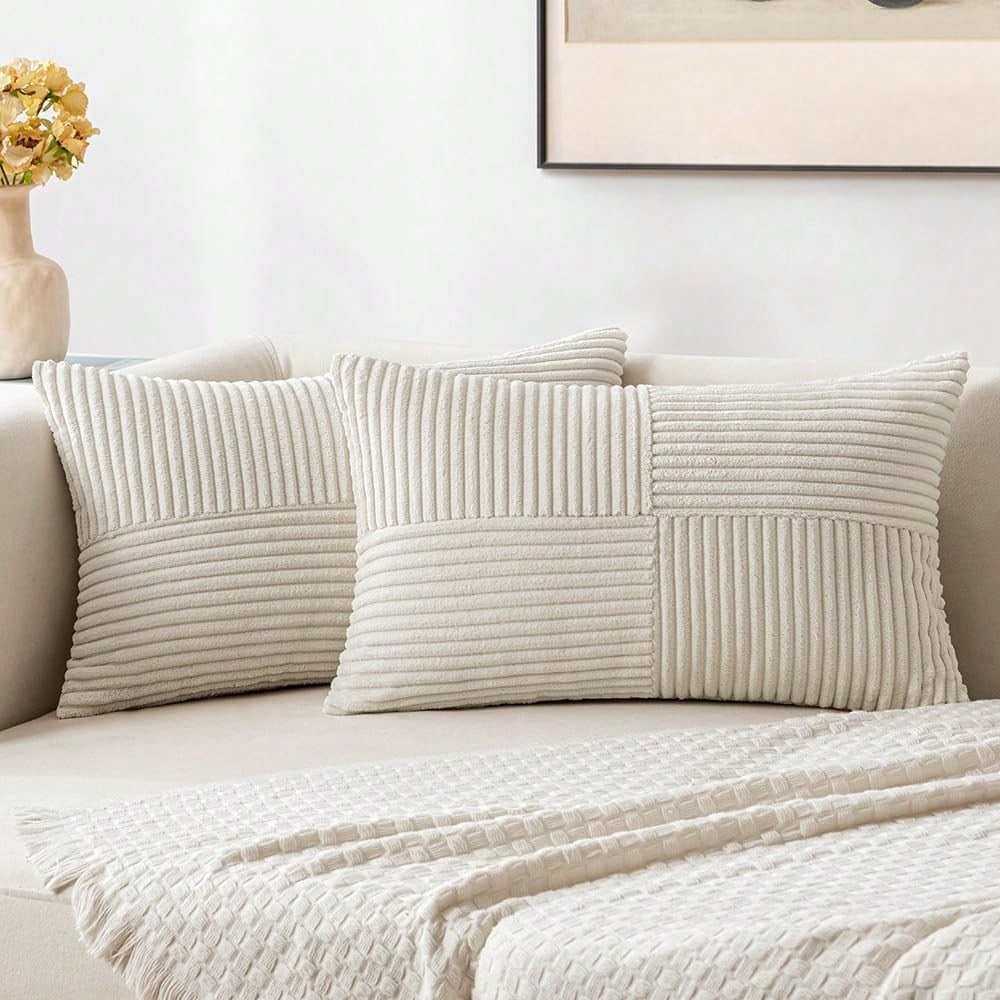 1/2pcs Cushion Cover, Christmas Beige Geometric Corduroy Striped Pattern, Bohemian Sofa Pillow, Decorative Throw Pillow Case, Sofa Cushion, Office, Living Room