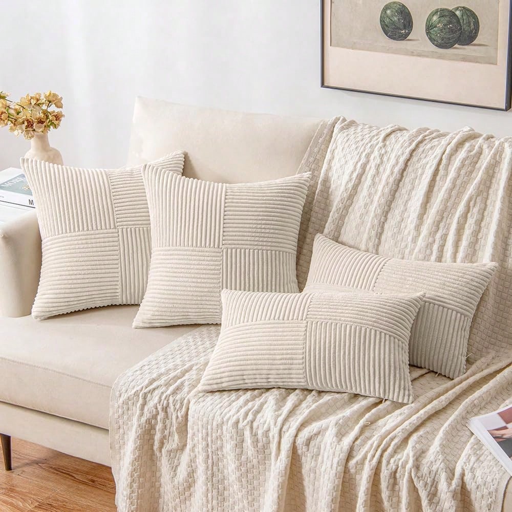 1/2pcs Cushion Cover, Christmas Beige Geometric Corduroy Striped Pattern, Bohemian Sofa Pillow, Decorative Throw Pillow Case, Sofa Cushion, Office, Living Room