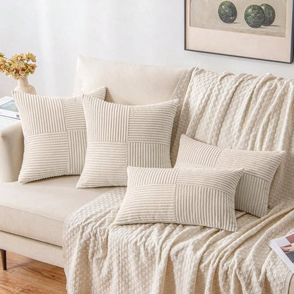 1/2pcs Cushion Cover, Christmas Beige Geometric Corduroy Striped Pattern, Bohemian Sofa Pillow, Decorative Throw Pillow Case, Sofa Cushion, Office, Living Room