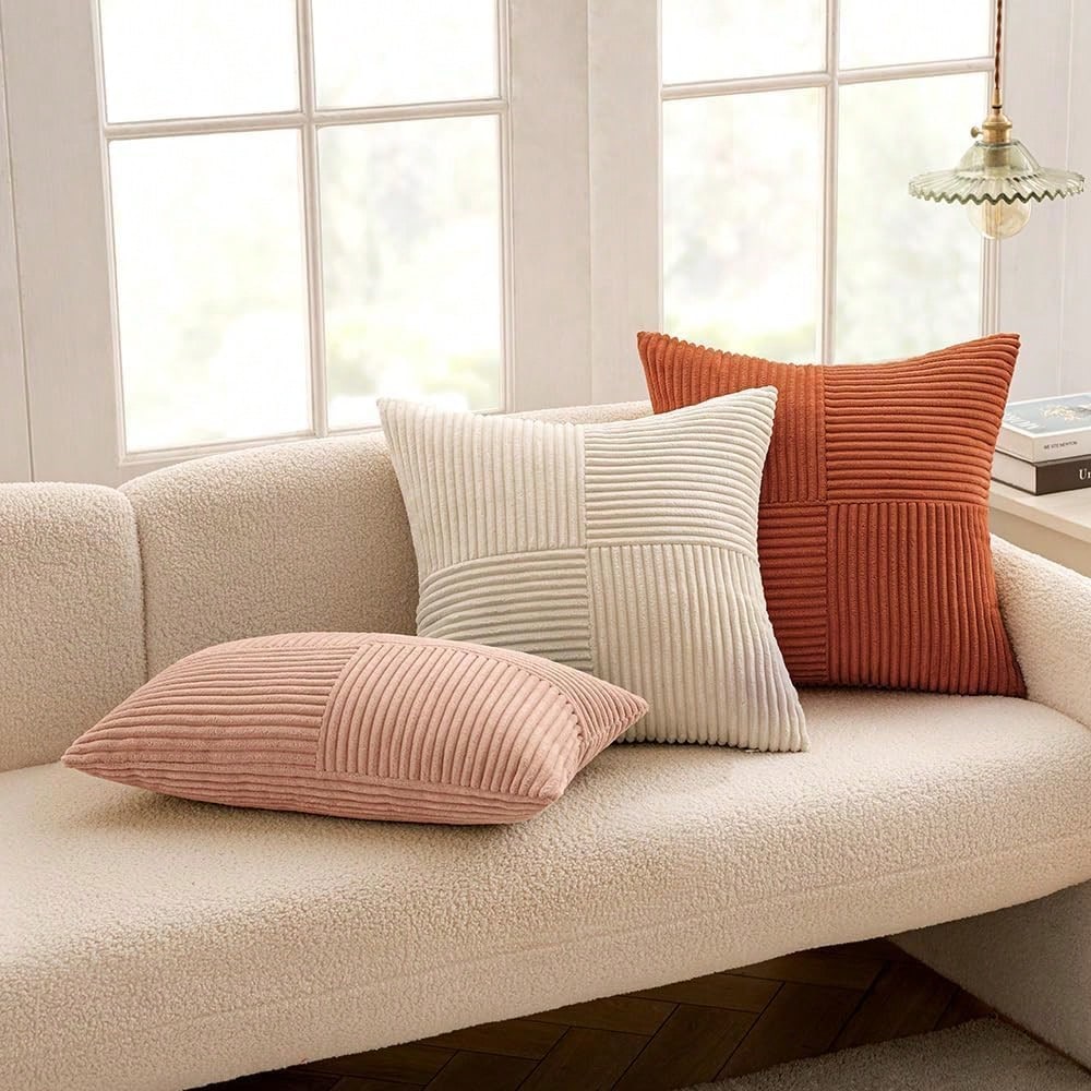 1/2pcs Cushion Cover, Christmas Beige Geometric Corduroy Striped Pattern, Bohemian Sofa Pillow, Decorative Throw Pillow Case, Sofa Cushion, Office, Living Room
