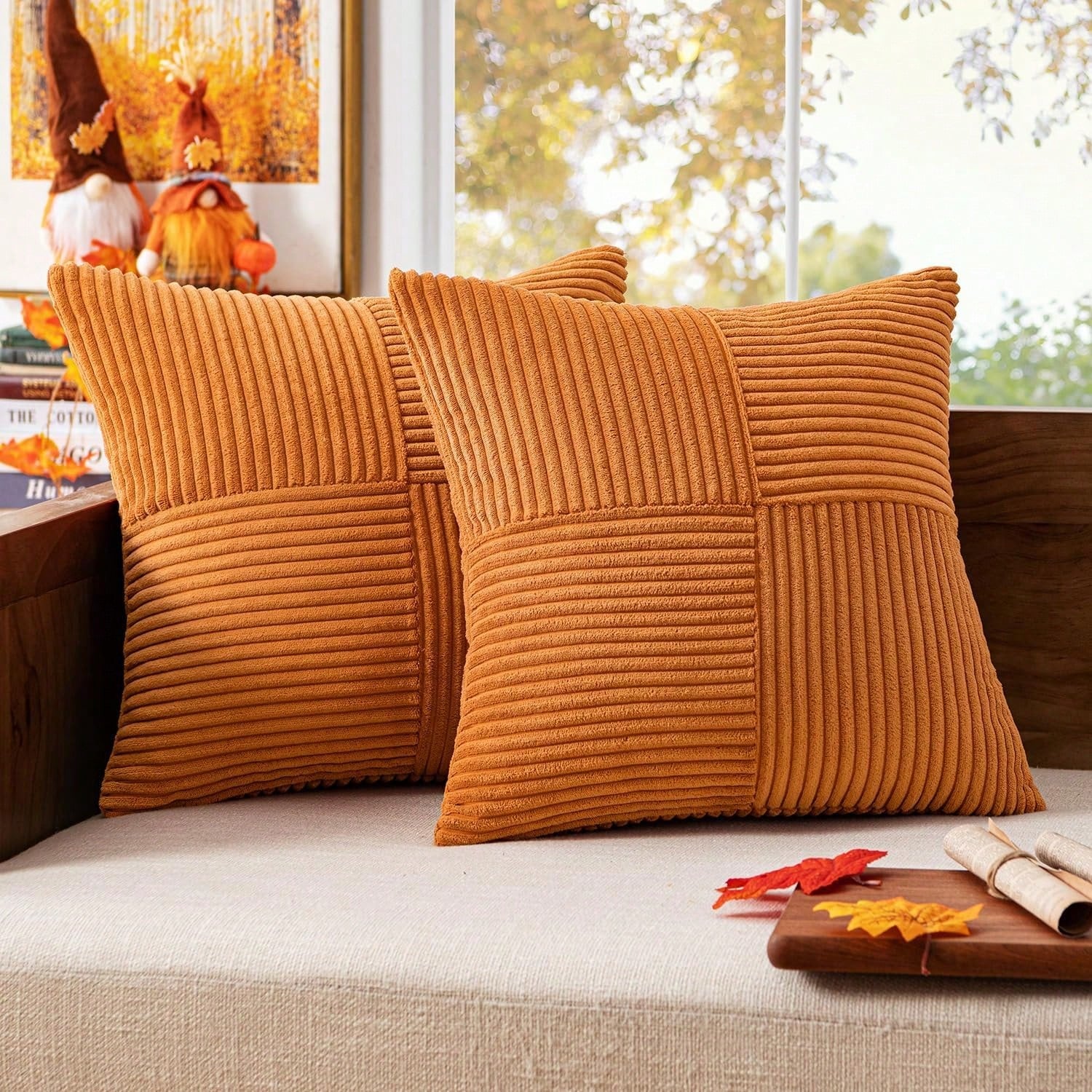 1/2pcs Cushion Cover, Christmas Beige Geometric Corduroy Striped Pattern, Bohemian Sofa Pillow, Decorative Throw Pillow Case, Sofa Cushion, Office, Living Room