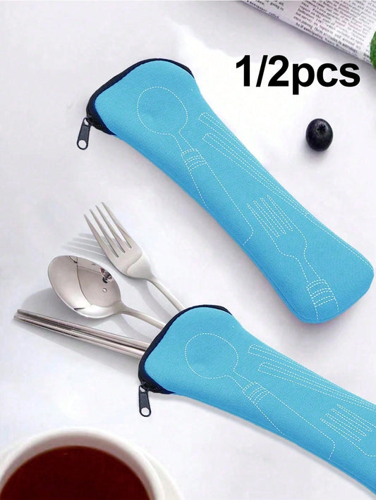 1/2pcs Cutlery Storage Bag, Zipper Cutlery Storage Bag Stainless Steel Spoon And Chopsticks Travel Portable Multicolor Bag, Reusable Flatware Storage Pocket, Perfect For Outdoor Travel Camping Office