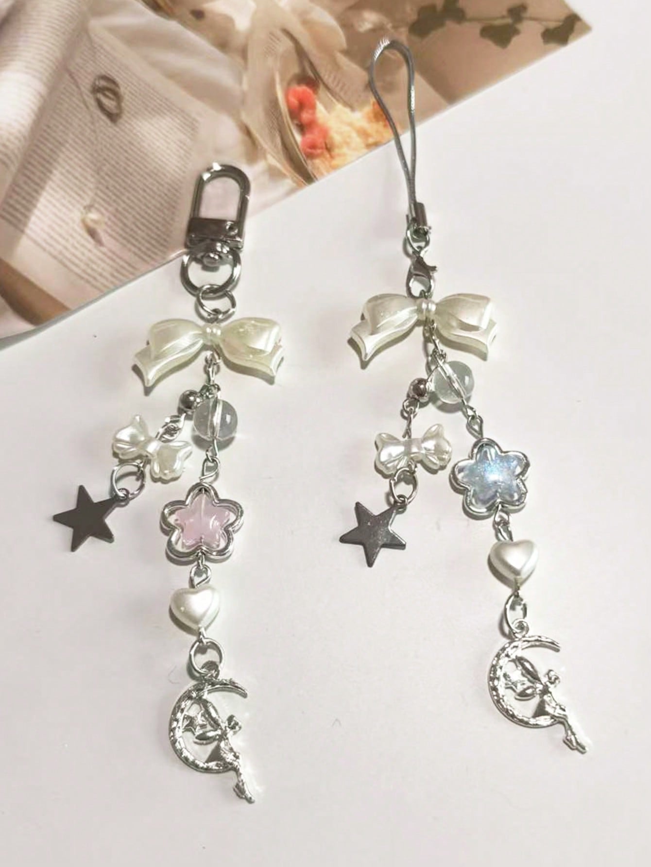 1/2pcs Moonlight Series Pearl Bow Short Phone Lanyard, Phone Charm, Compatible With Bag Pendant, Keychain, Camera CCD Decor, Designed For Women