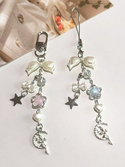 1/2pcs Moonlight Series Pearl Bow Short Phone Lanyard, Phone Charm, Compatible With Bag Pendant, Keychain, Camera CCD Decor, Designed For Women