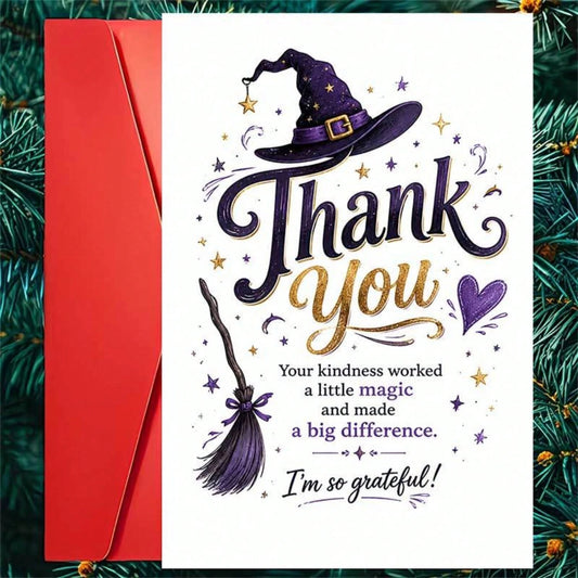 1/3sets Purple Glitter Witch Hat Broom Magic Thank You Greeting Cards,Witch Hat And Broom Design "Your Kindness Worked Magic", For Friends, Halloween Festive Artistic Greeting Card,Mystical Gothic Wit