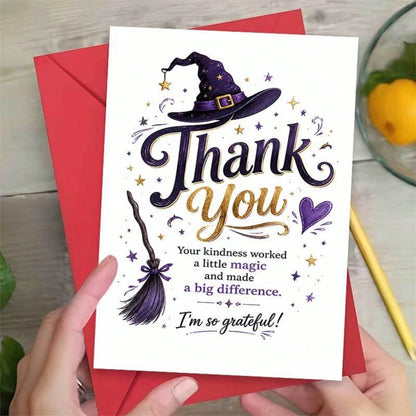 1/3sets Purple Glitter Witch Hat Broom Magic Thank You Greeting Cards,Witch Hat And Broom Design "Your Kindness Worked Magic", For Friends, Halloween Festive Artistic Greeting Card,Mystical Gothic Wit
