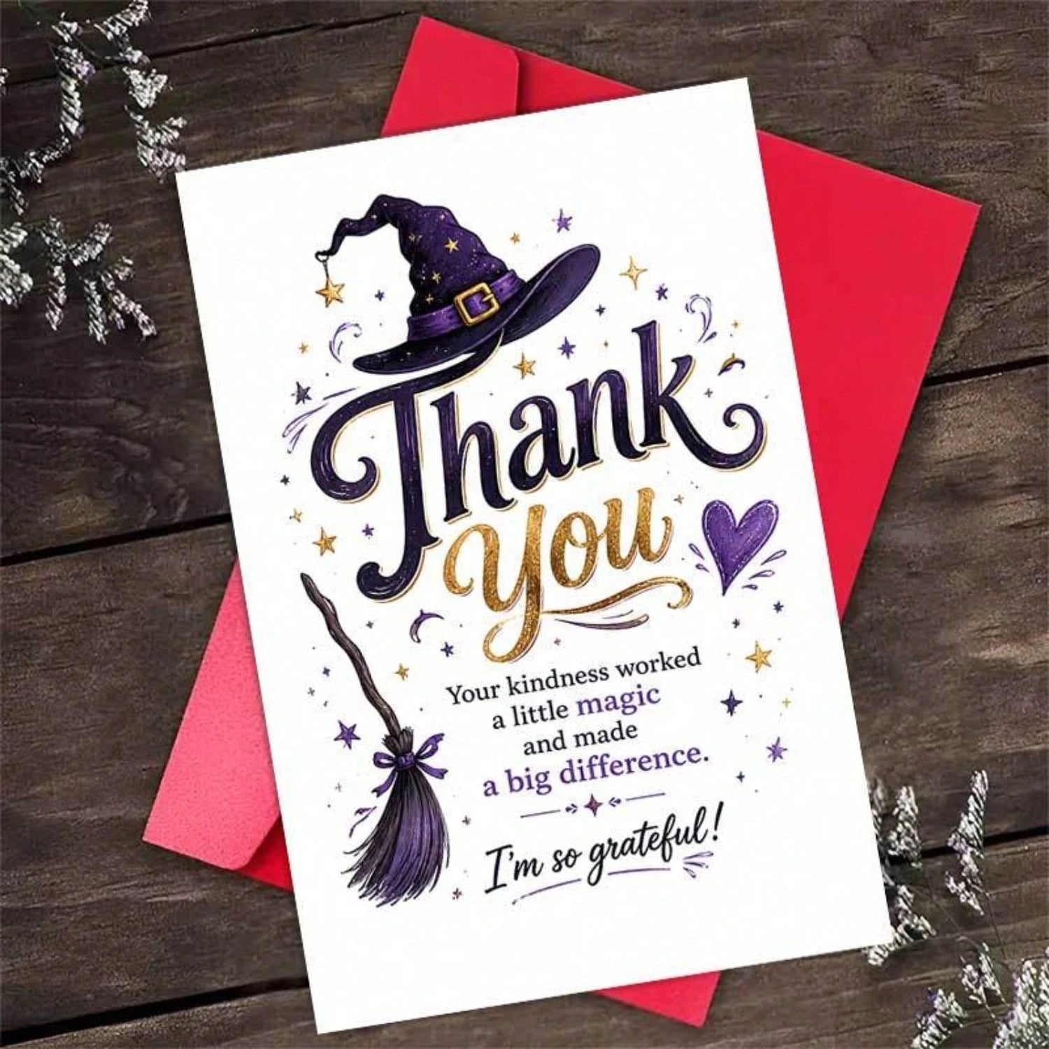 1/3sets Purple Glitter Witch Hat Broom Magic Thank You Greeting Cards,Witch Hat And Broom Design "Your Kindness Worked Magic", For Friends, Halloween Festive Artistic Greeting Card,Mystical Gothic Wit