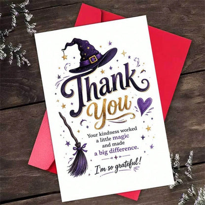 1/3sets Purple Glitter Witch Hat Broom Magic Thank You Greeting Cards,Witch Hat And Broom Design "Your Kindness Worked Magic", For Friends, Halloween Festive Artistic Greeting Card,Mystical Gothic Wit