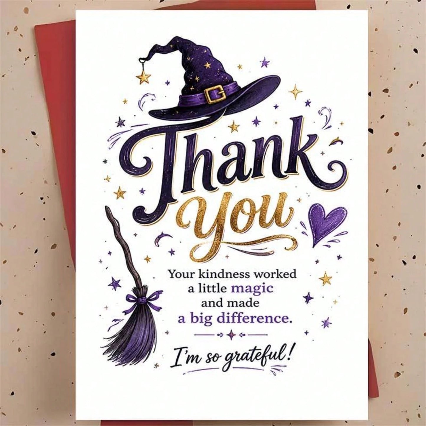 1/3sets Purple Glitter Witch Hat Broom Magic Thank You Greeting Cards,Witch Hat And Broom Design "Your Kindness Worked Magic", For Friends, Halloween Festive Artistic Greeting Card,Mystical Gothic Wit
