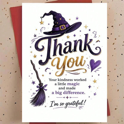 1/3sets Purple Glitter Witch Hat Broom Magic Thank You Greeting Cards,Witch Hat And Broom Design "Your Kindness Worked Magic", For Friends, Halloween Festive Artistic Greeting Card,Mystical Gothic Wit