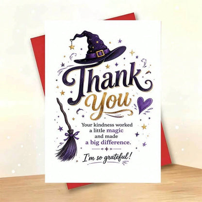 1/3sets Purple Glitter Witch Hat Broom Magic Thank You Greeting Cards,Witch Hat And Broom Design "Your Kindness Worked Magic", For Friends, Halloween Festive Artistic Greeting Card,Mystical Gothic Wit