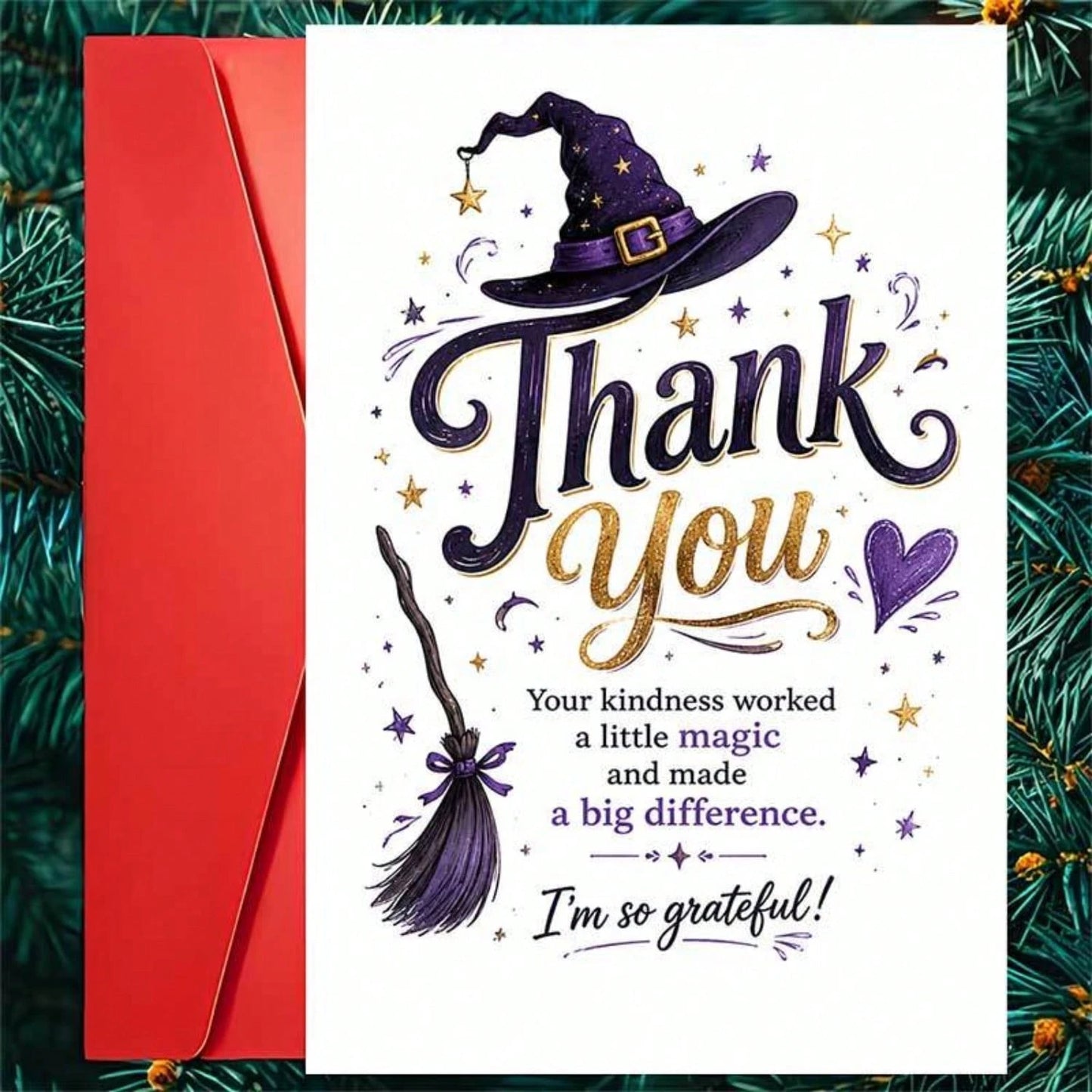 1/3sets Purple Glitter Witch Hat Broom Magic Thank You Greeting Cards,Witch Hat And Broom Design "Your Kindness Worked Magic", For Friends, Halloween Festive Artistic Greeting Card,Mystical Gothic Wit