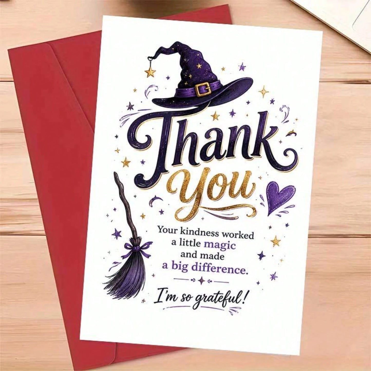 1/3sets Purple Glitter Witch Hat Broom Magic Thank You Greeting Cards,Witch Hat And Broom Design "Your Kindness Worked Magic", For Friends, Halloween Festive Artistic Greeting Card,Mystical Gothic Wit
