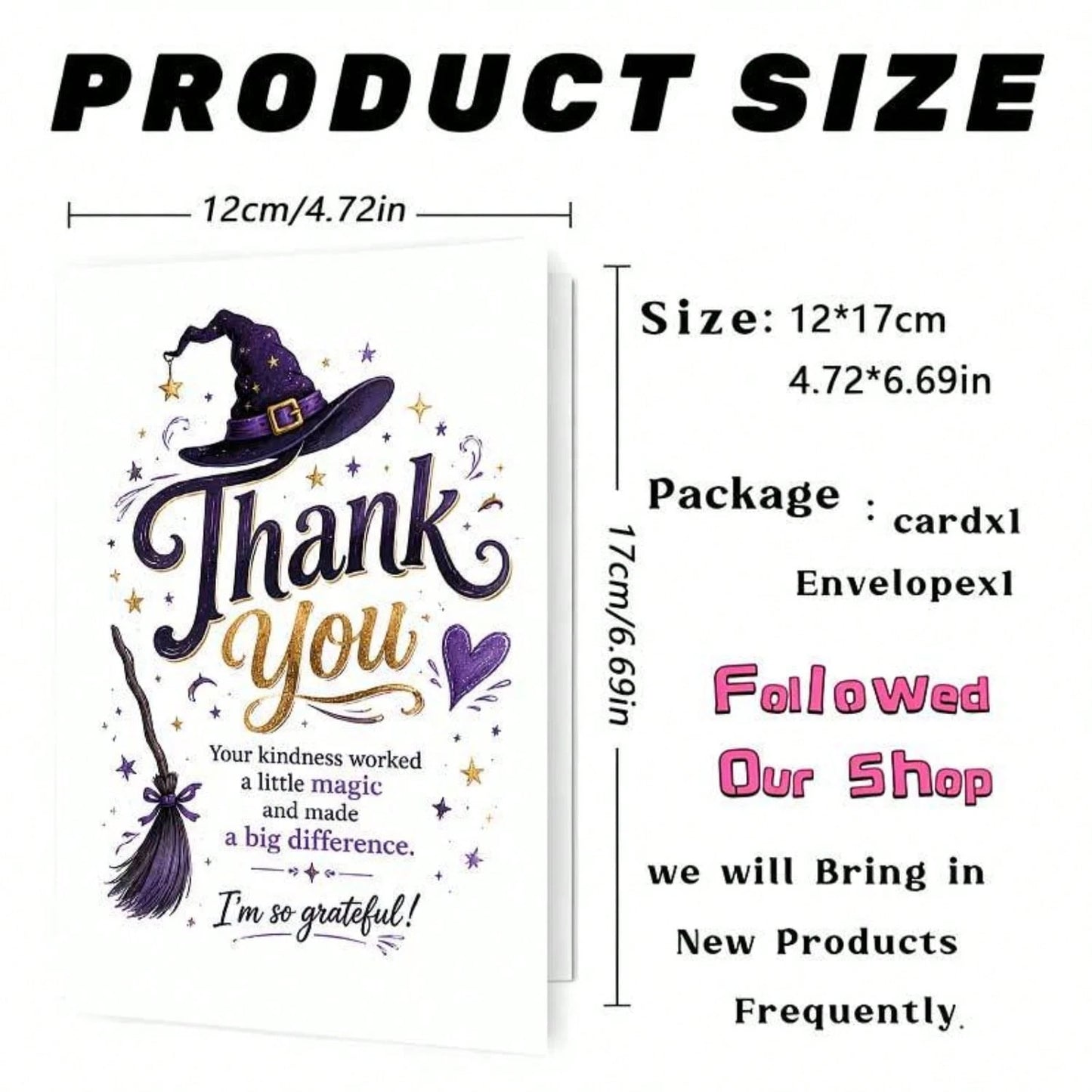1/3sets Purple Glitter Witch Hat Broom Magic Thank You Greeting Cards,Witch Hat And Broom Design "Your Kindness Worked Magic", For Friends, Halloween Festive Artistic Greeting Card,Mystical Gothic Wit