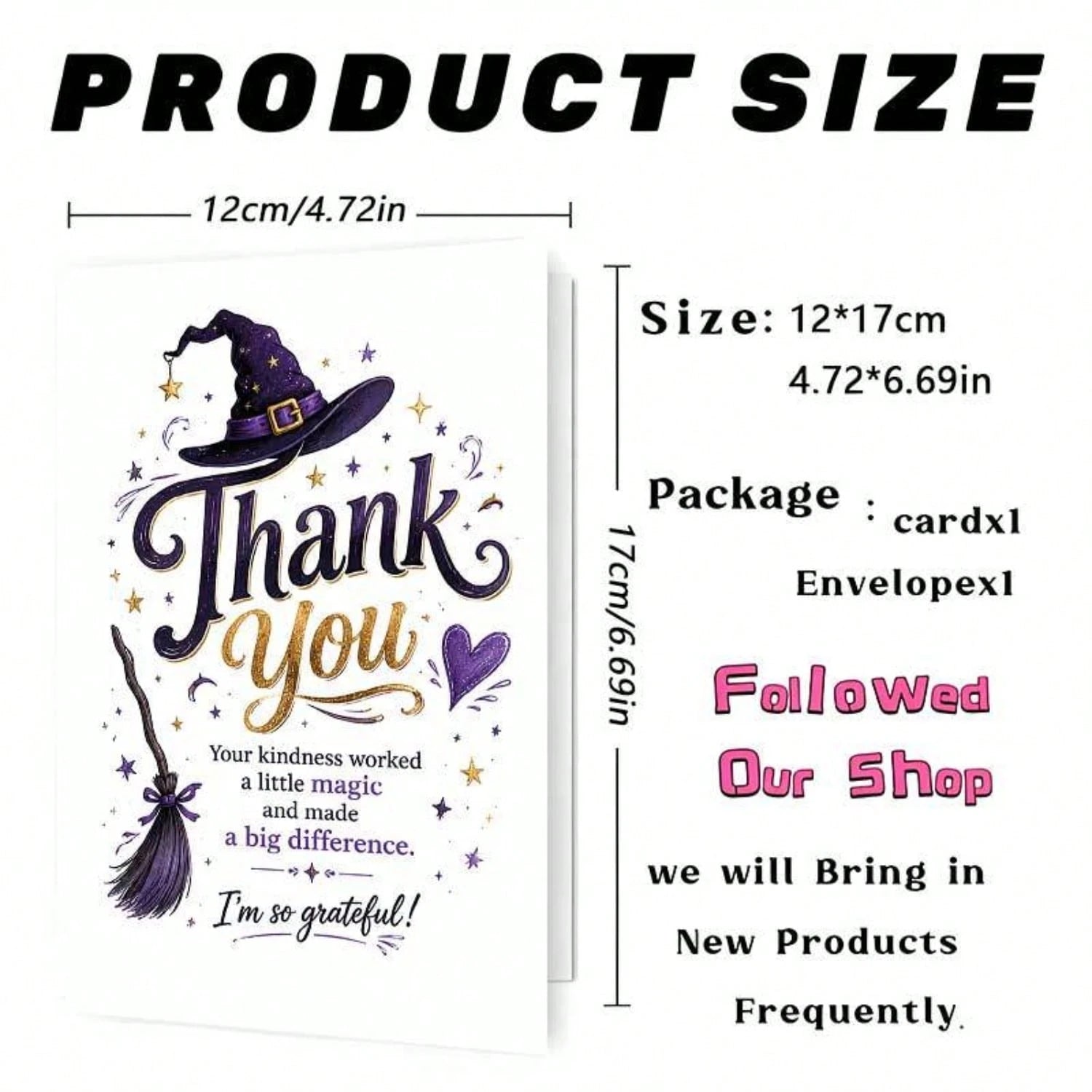 1/3sets Purple Glitter Witch Hat Broom Magic Thank You Greeting Cards,Witch Hat And Broom Design "Your Kindness Worked Magic", For Friends, Halloween Festive Artistic Greeting Card,Mystical Gothic Wit