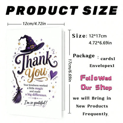 1/3sets Purple Glitter Witch Hat Broom Magic Thank You Greeting Cards,Witch Hat And Broom Design "Your Kindness Worked Magic", For Friends, Halloween Festive Artistic Greeting Card,Mystical Gothic Wit