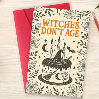 1/3sets "Witches Don't Age"Funny Gothic Halloween Birthday Greeting Card With Red Envelope,Vintage Line Art Floral Border Witch Hat Cake Moon Bat Design,Perfect For Witch Lovers,Magic Occasion Or Funn