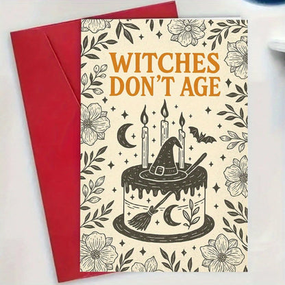 1/3sets "Witches Don't Age"Funny Gothic Halloween Birthday Greeting Card With Red Envelope,Vintage Line Art Floral Border Witch Hat Cake Moon Bat Design,Perfect For Witch Lovers,Magic Occasion Or Funn