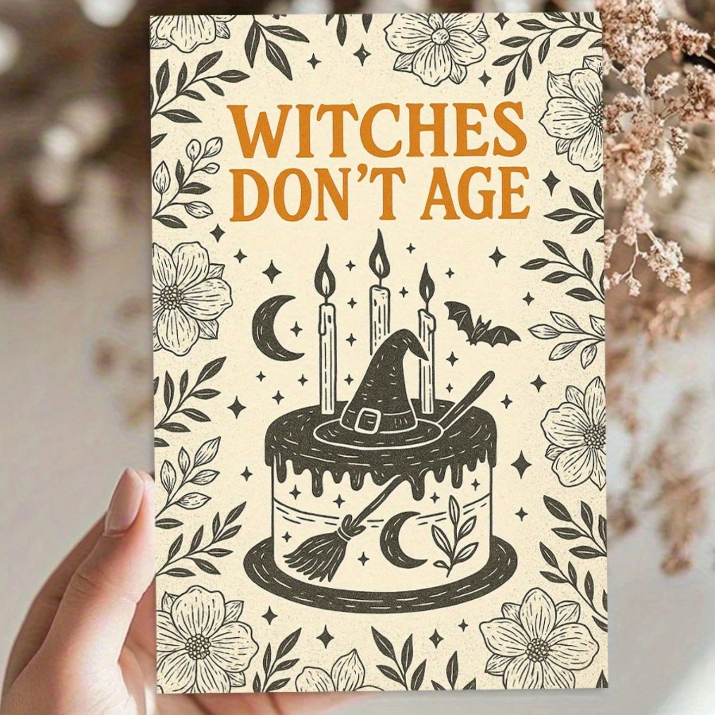 1/3sets "Witches Don't Age"Funny Gothic Halloween Birthday Greeting Card With Red Envelope,Vintage Line Art Floral Border Witch Hat Cake Moon Bat Design,Perfect For Witch Lovers,Magic Occasion Or Funn