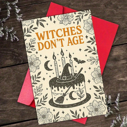 1/3sets "Witches Don't Age"Funny Gothic Halloween Birthday Greeting Card With Red Envelope,Vintage Line Art Floral Border Witch Hat Cake Moon Bat Design,Perfect For Witch Lovers,Magic Occasion Or Funn