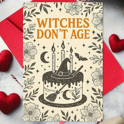 1/3sets "Witches Don't Age"Funny Gothic Halloween Birthday Greeting Card With Red Envelope,Vintage Line Art Floral Border Witch Hat Cake Moon Bat Design,Perfect For Witch Lovers,Magic Occasion Or Funn