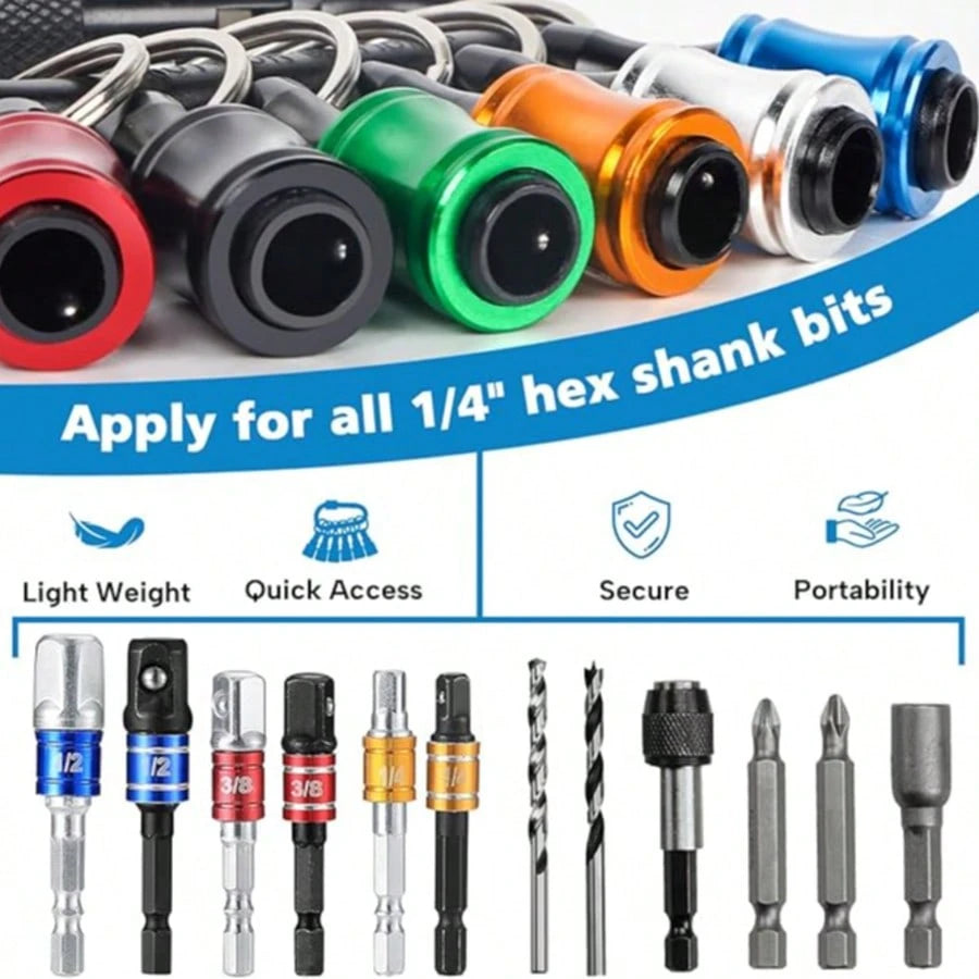 1/4" Drill Bit Holder Keychain 6-Piece, 1/4-Inch (Approx. 0.6 Cm) Hex Shank Bit Holder For Nut Drivers, Screwdrivers And Drill Bits, With Keychain Carabiner