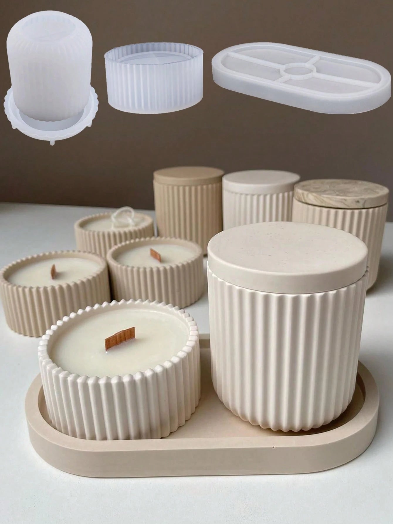 1/4pcs Candle Jar Silicone Molds Set With Oval Tray Stripe Storage Pot Injection Mould Home Decoration DIY Handmade Plaster Concrete Planter