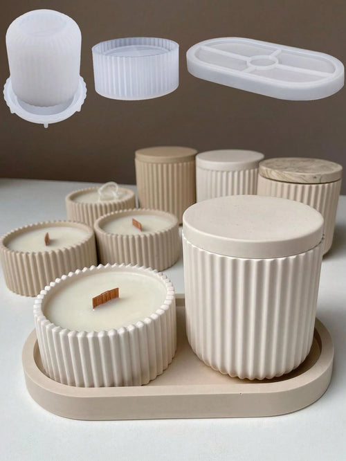 1/4pcs Candle Jar Silicone Molds Set With Oval Tray Stripe Storage Pot Injection Mould Home Decoration DIY Handmade Plaster Concrete Planter