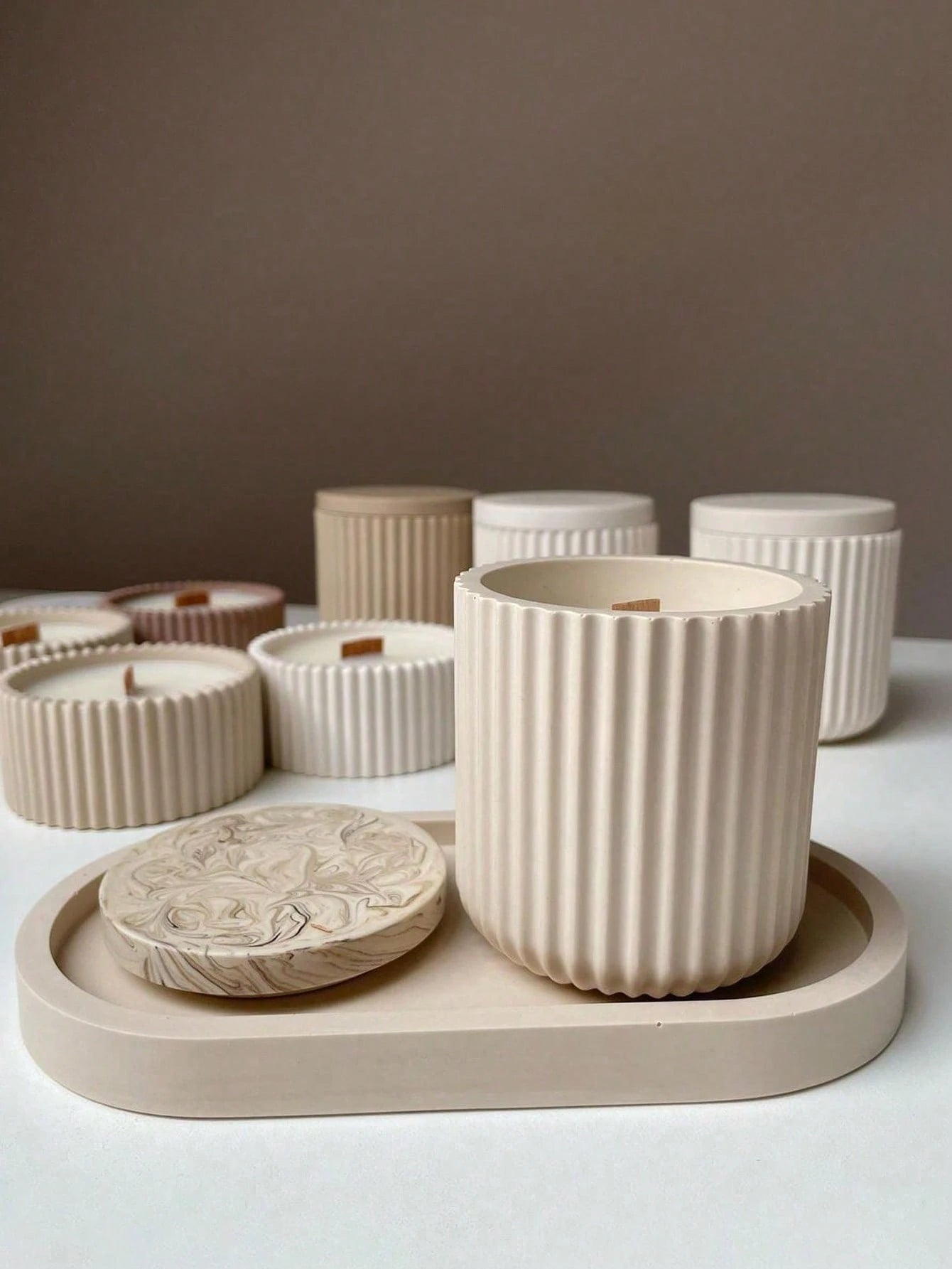 1/4pcs Candle Jar Silicone Molds Set With Oval Tray Stripe Storage Pot Injection Mould Home Decoration DIY Handmade Plaster Concrete Planter