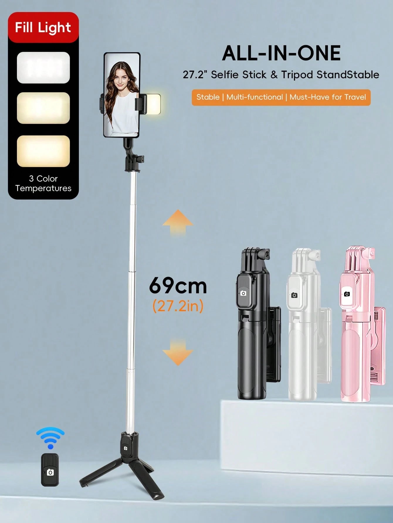 1.7m/70cm Wireless Bluetooth Selfie Stick Tripod With LED Fill Light And Wireless Remote Control, 360° Rotatable Phone Holder, Compatible With IPhone, Android Smartphones Suitable For Travel, Selfie A