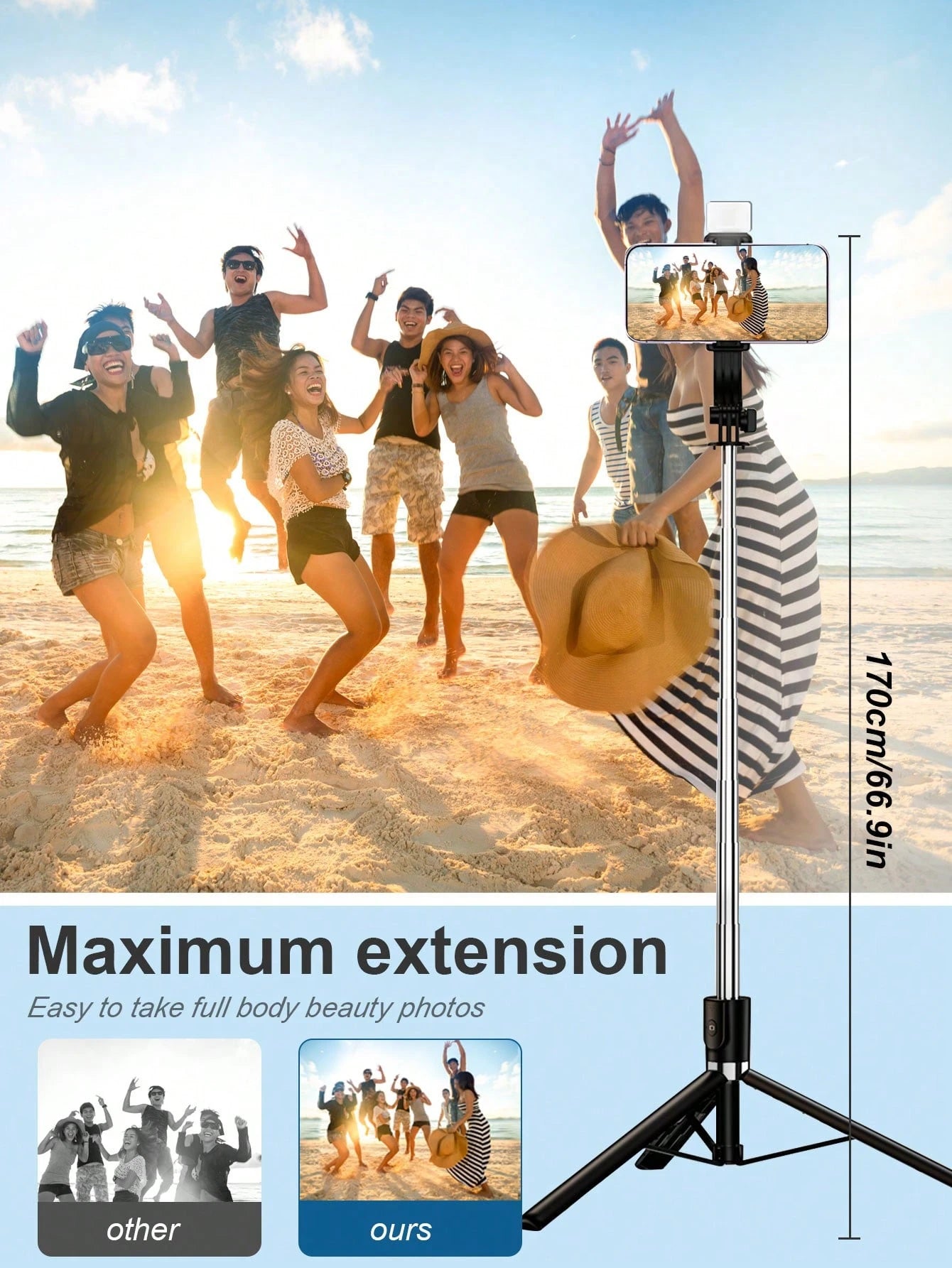 1.7m/70cm Wireless Bluetooth Selfie Stick Tripod With LED Fill Light And Wireless Remote Control; Includes 360° Rotatable Phone Holder, Compatible With Android Smartphones- Perfect For Travel, Selfie