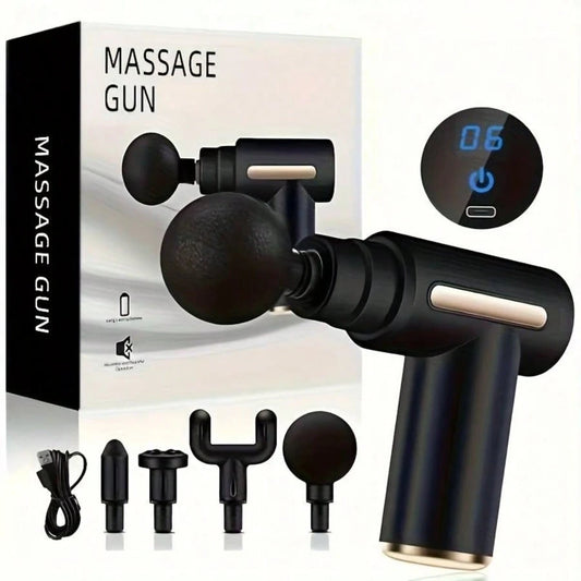 1 LED Massage Gun, Deep Tissue Muscle Handheld Percussion Massager, Easy To Control, Relieves Back And Neck Pain, Professional Massage Intensity, 6-Speed Adjustable Settings, 4 Professional Massage He
