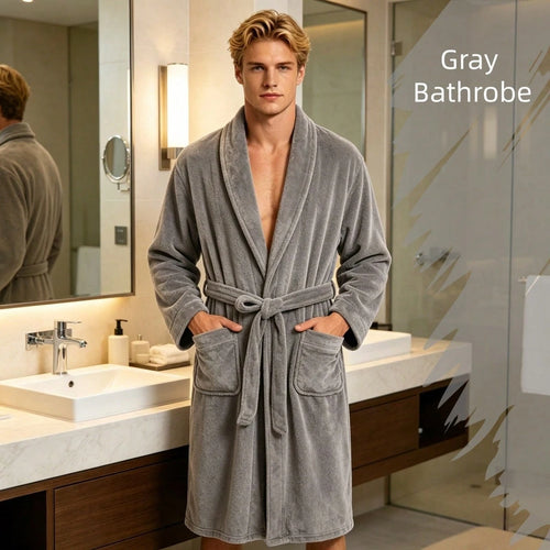 1 Pack Plush Fleece Bathrobe, Soft Terry Cloth Shawl Collar Robe, Long Sleeve Knee-Length Hotel Spa Robe With Belt & Pockets, Cozy Absorbent Loungewear For Men & Women, Ideal For Shower, Spa, And Dail