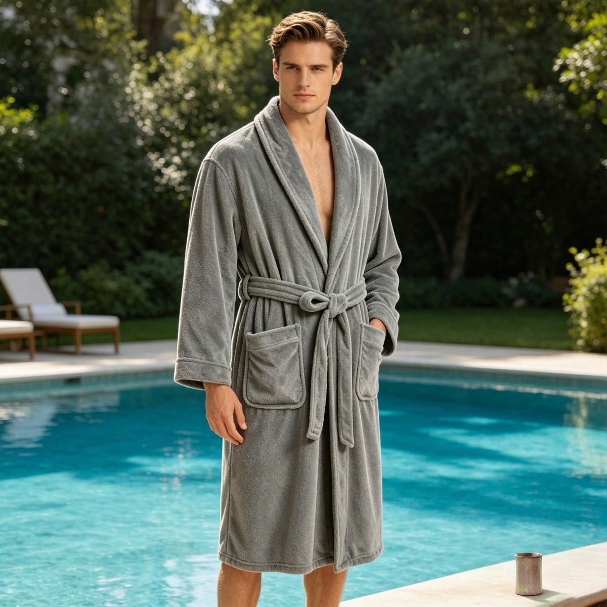 1 Pack Plush Fleece Bathrobe, Soft Terry Cloth Shawl Collar Robe, Long Sleeve Knee-Length Hotel Spa Robe With Belt & Pockets, Cozy Absorbent Loungewear For Men & Women, Ideal For Shower, Spa, And Dail