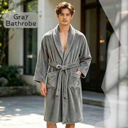 1 Pack Plush Fleece Bathrobe, Soft Terry Cloth Shawl Collar Robe, Long Sleeve Knee-Length Hotel Spa Robe With Belt & Pockets, Cozy Absorbent Loungewear For Men & Women, Ideal For Shower, Spa, And Dail