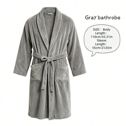 1 Pack Plush Fleece Bathrobe, Soft Terry Cloth Shawl Collar Robe, Long Sleeve Knee-Length Hotel Spa Robe With Belt & Pockets, Cozy Absorbent Loungewear For Men & Women, Ideal For Shower, Spa, And Dail